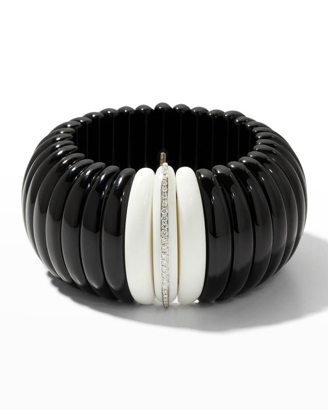 18K White Gold Expandable Bracelet with Black Obsidian, White Agate and Diamonds